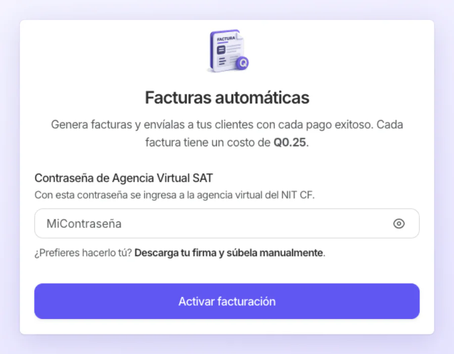 La pantalla para activar las facturas automáticas: el costo por factura y el campo de la contraseña de la Agencia Virtual de la SAT