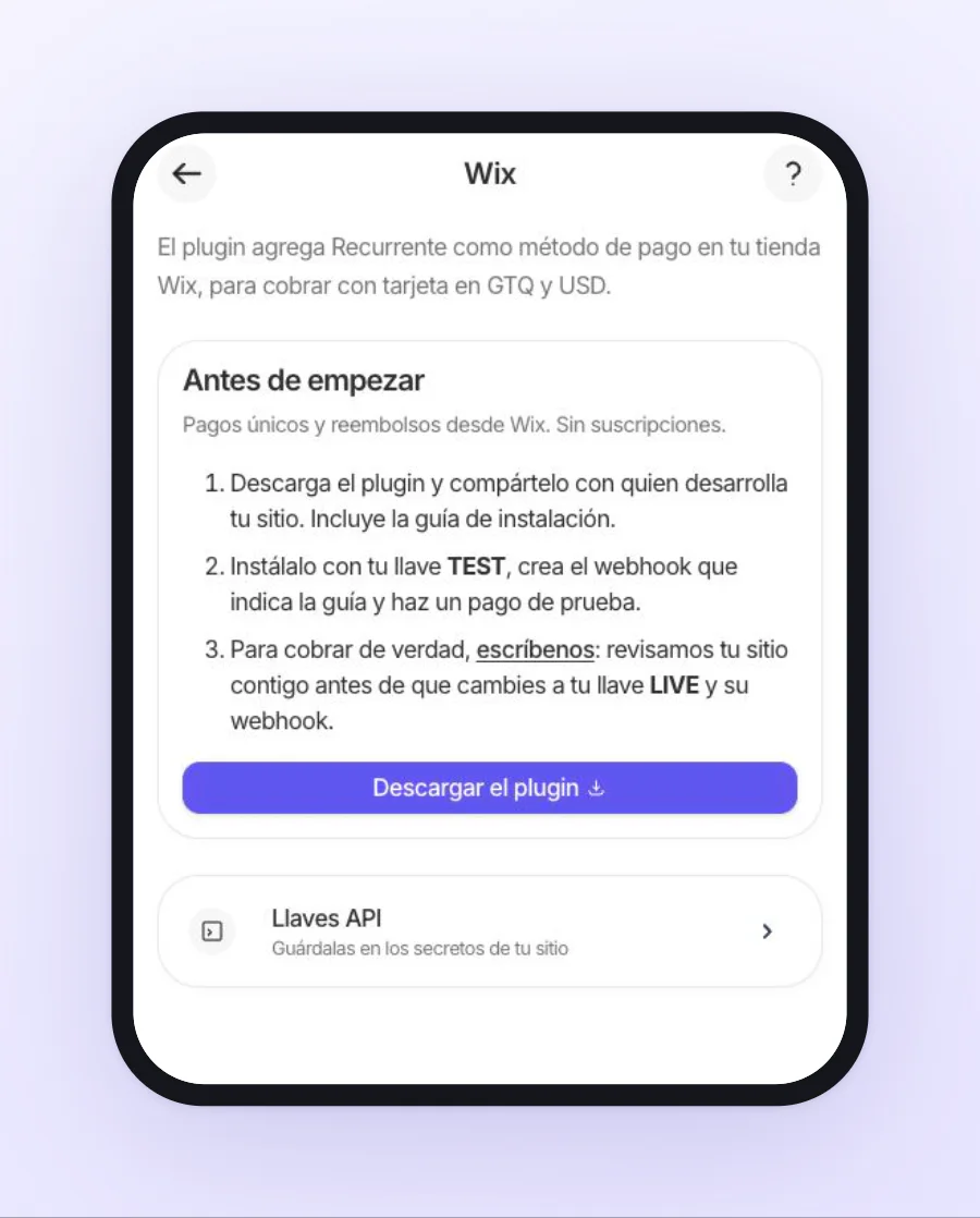 Pantalla de Wix en Recurrente con descarga del plugin y pasos para configurar llaves TEST y LIVE