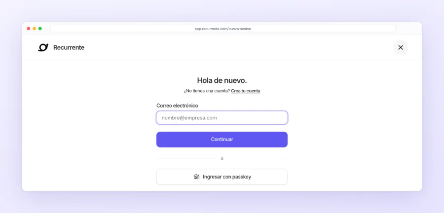 La pantalla de ingreso: solo pide tu correo, sin contraseña, y ofrece entrar con passkey