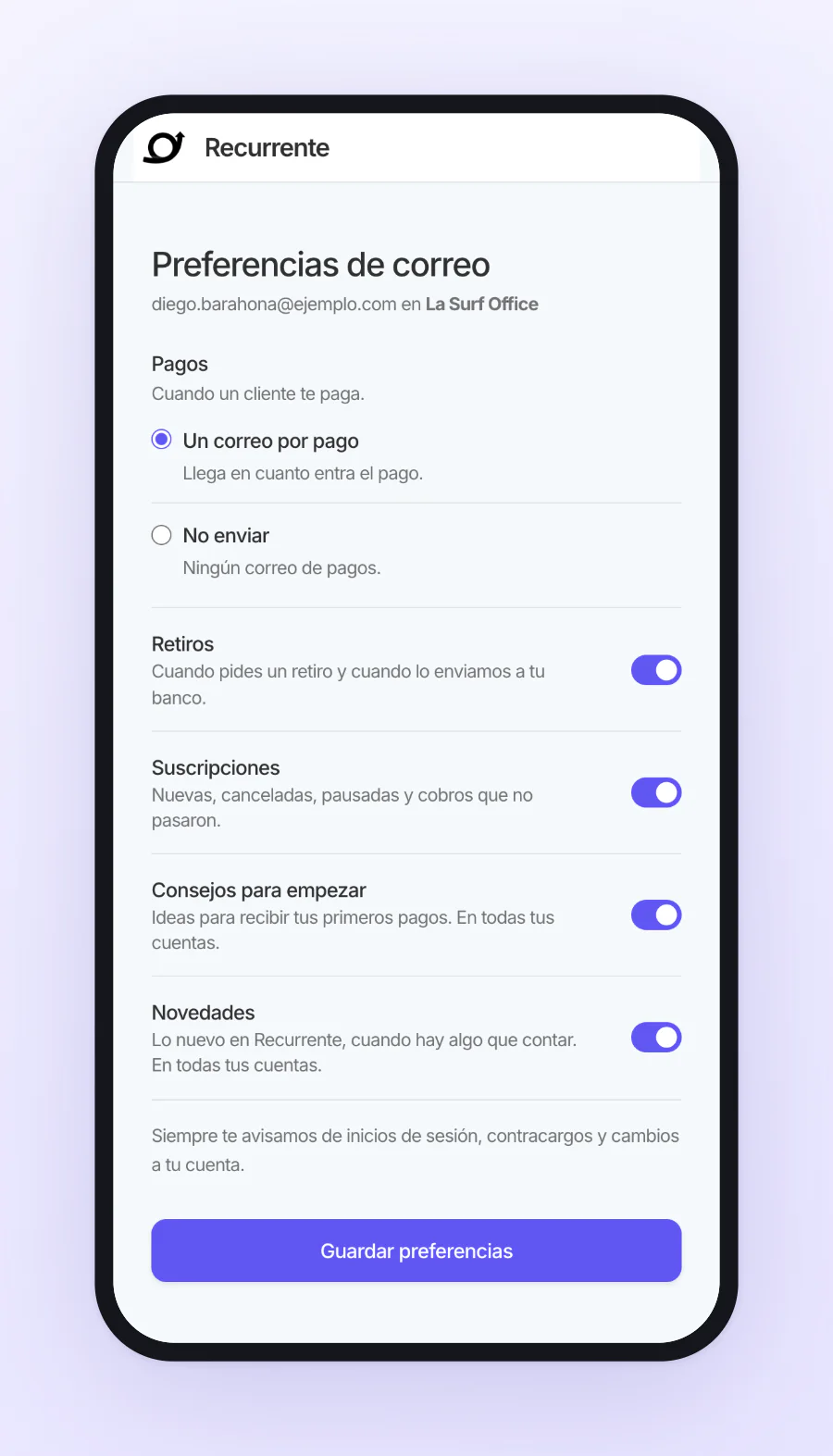 La página Preferencias de correo en el teléfono: Pagos con sus dos opciones y un interruptor para Retiros, Suscripciones, Consejos para empezar y Novedades