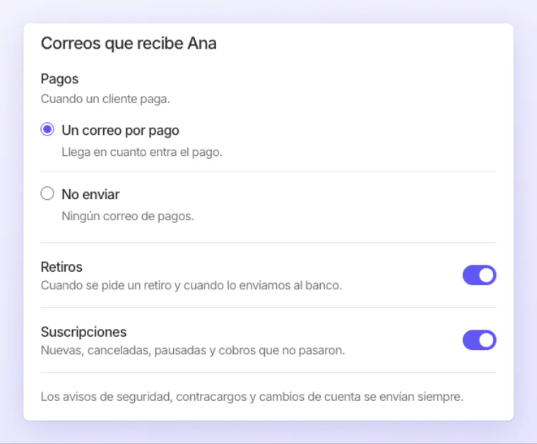Los correos de una cajera vistos por un administrador en Equipo: puede cambiar Pagos, Retiros y Suscripciones, pero no sus Consejos ni Novedades