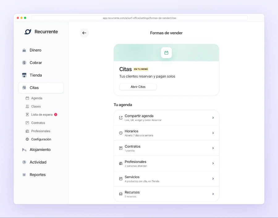 La página de Citas en Formas de vender: arriba Abrir Citas y, debajo, Tu agenda con Compartir agenda, Horarios, Contratos, Profesionales, Servicios y Recursos