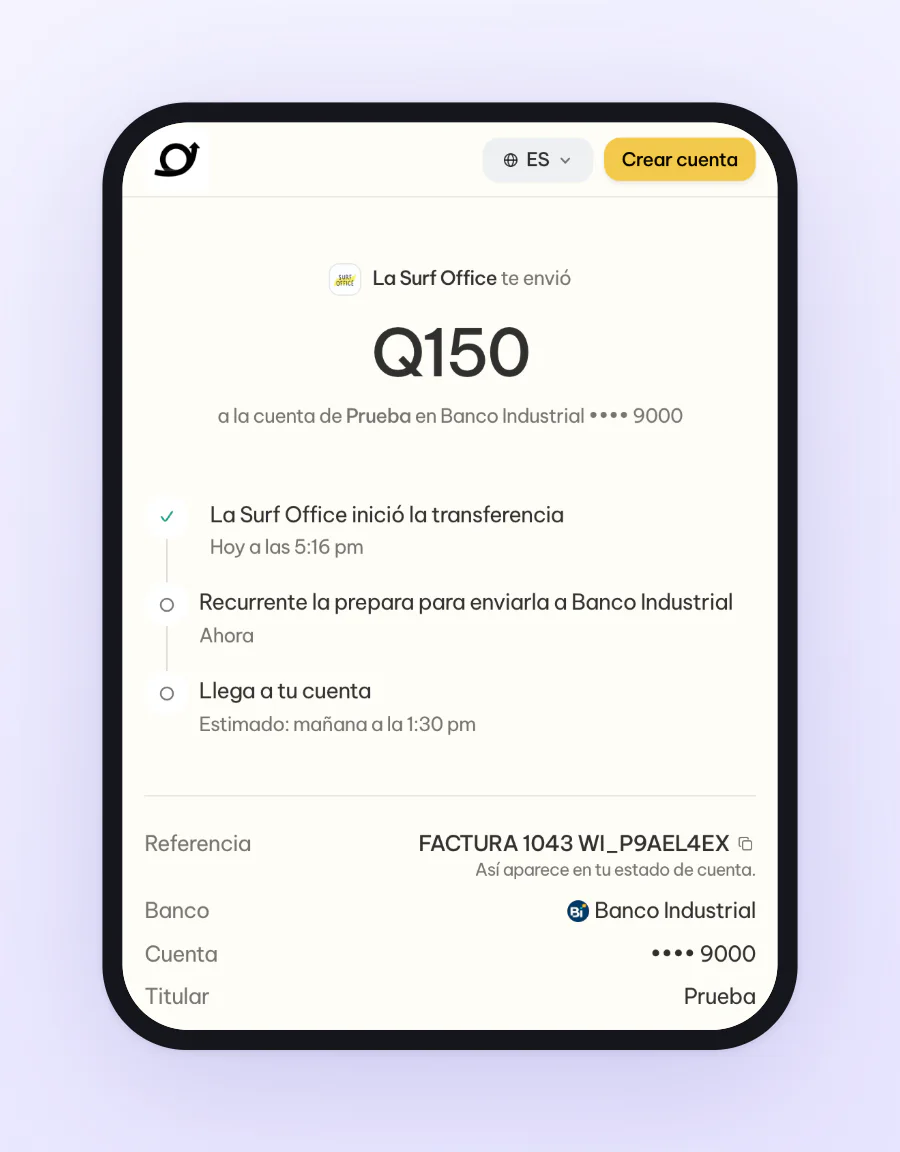 La página de seguimiento que ve quien recibe, con la referencia FACTURA 1043 seguida del identificador de la transferencia