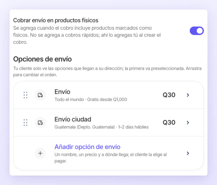 La lista compartida de opciones de envío con precio y monto para envío gratuito