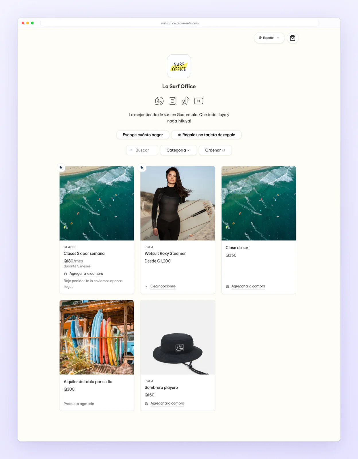 La tienda en línea como la ve tu cliente: tu logo, tus redes, el buscador con filtro por categoría, y cada producto con su precio — «Desde Q1,200» y «Elegir opciones» cuando viene en tallas o colores