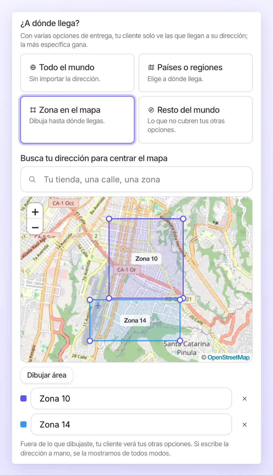 La sección ¿A dónde llega? con la tarjeta Zona en el mapa elegida, el buscador para centrar el mapa y dos áreas dibujadas, Zona 10 y Zona 14, cada una con su fila