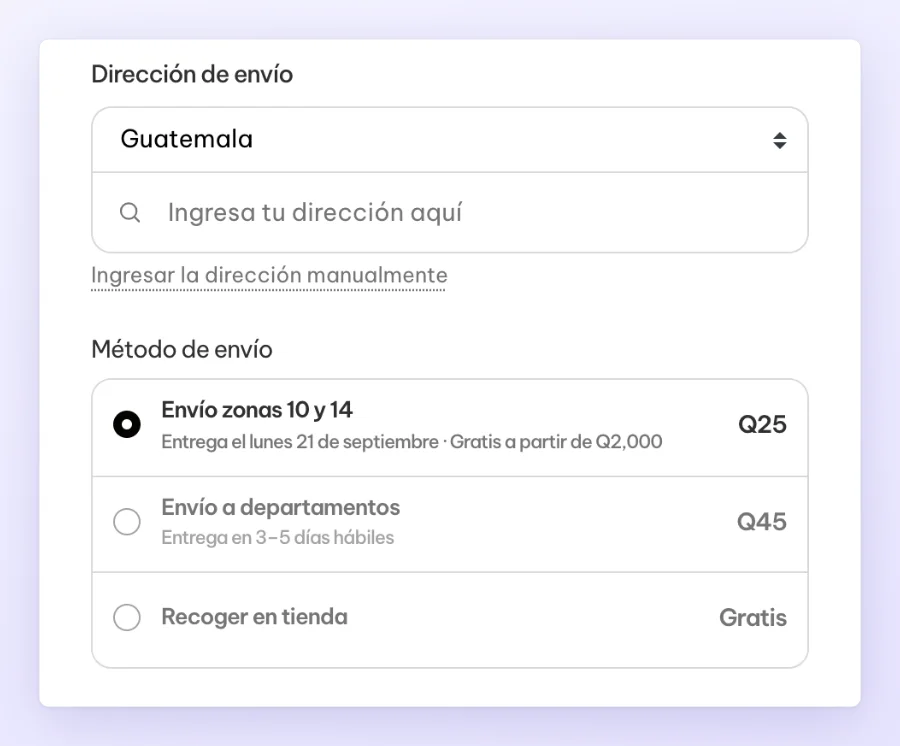 El bloque Método de envío del checkout con la opción de la zona del mapa marcada, la del departamento debajo y Recoger en tienda al final